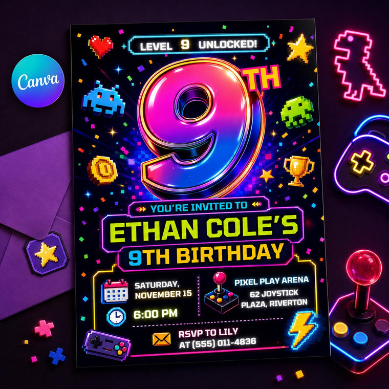 Pink Neon Number Nine Pixel Gaming Birthday Invitation