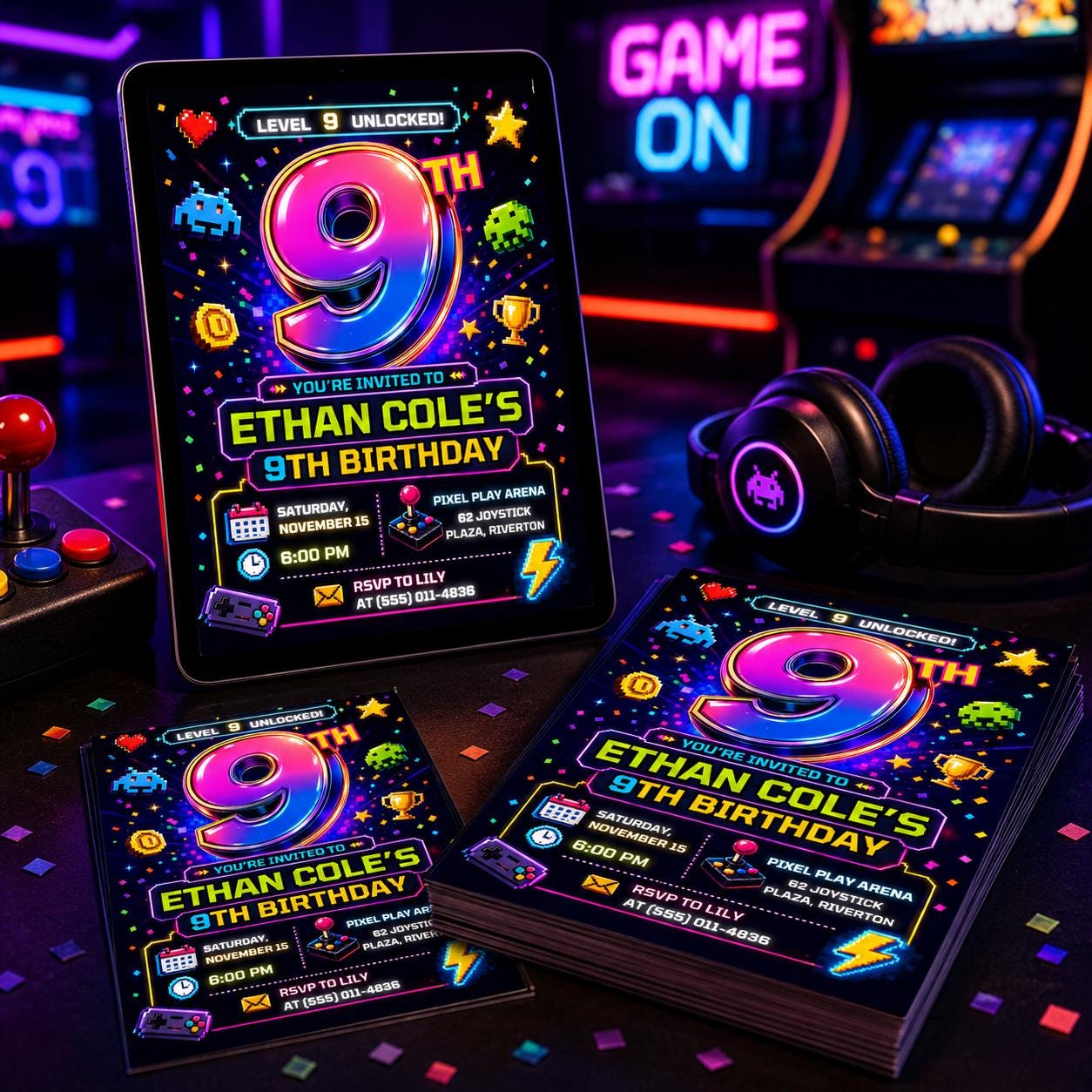 Video Game Birthday Invitation, Level 9 Unlocked 9th Birthday Gamer Invite, Editable Printable Canva Template __etsy:8173906352