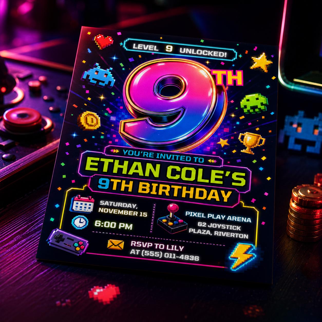 Video Game Birthday Invitation, Level 9 Unlocked 9th Birthday Gamer Invite, Editable Printable Canva Template __etsy:8173906806