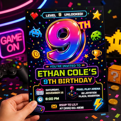 Video Game Birthday Invitation, Level 9 Unlocked 9th Birthday Gamer Invite, Editable Printable Canva Template __etsy:8221837487