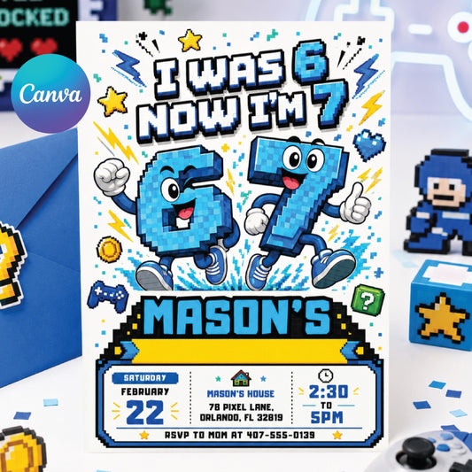 Video Game Birthday Invitation, Six Seven Meme Birthday Invitation, 7th birthday invite Editable Pixel Art Party Invite, Canva Template __etsy:8012854146