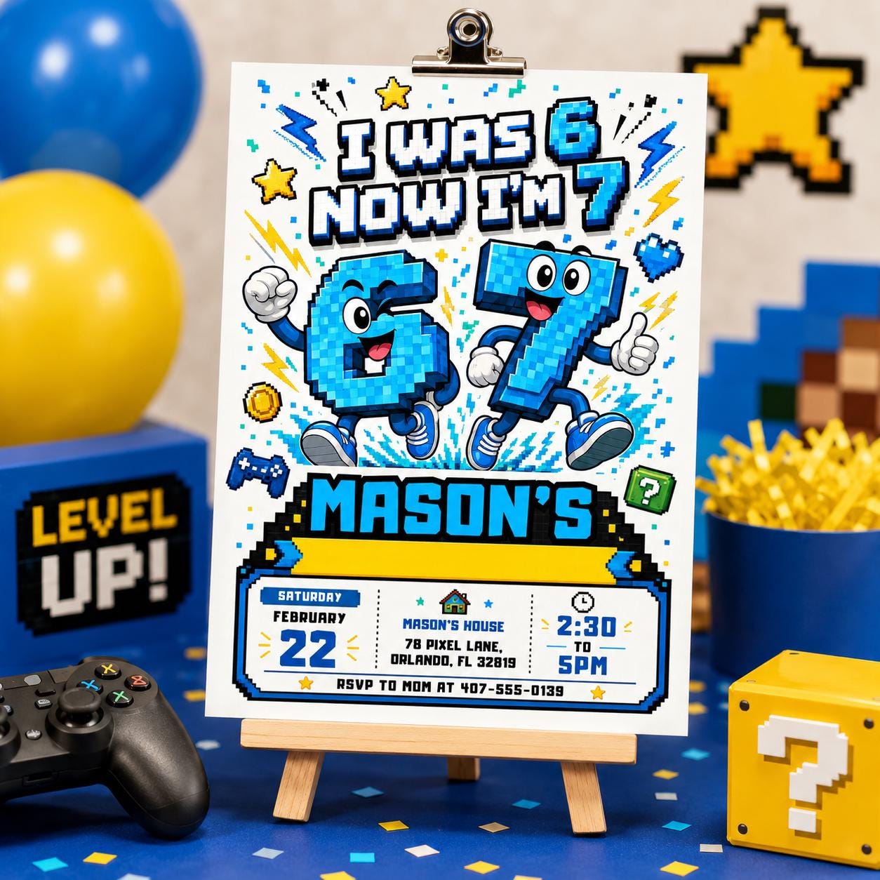 Video Game Birthday Invitation, Six Seven Meme Birthday Invitation, 7th birthday invite Editable Pixel Art Party Invite, Canva Template __etsy:8012850378