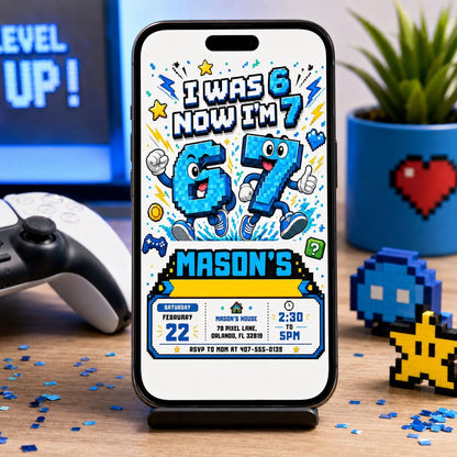Video Game Birthday Invitation, Six Seven Meme Birthday Invitation, 7th birthday invite Editable Pixel Art Party Invite, Canva Template __etsy:8060760703