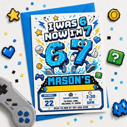 Video Game Birthday Invitation, Six Seven Meme Birthday Invitation, 7th birthday invite Editable Pixel Art Party Invite, Canva Template __etsy:8060760801