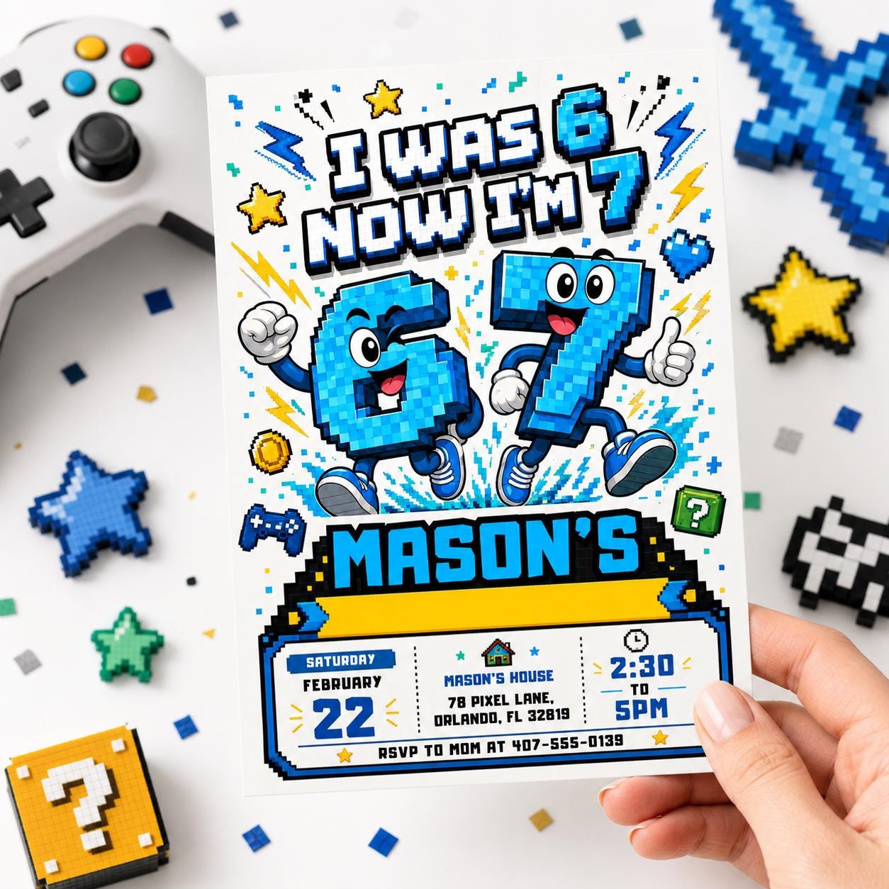Video Game Birthday Invitation, Six Seven Meme Birthday Invitation, 7th birthday invite Editable Pixel Art Party Invite, Canva Template __etsy:8012850624