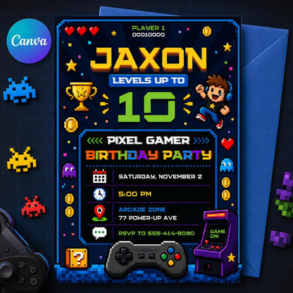 Video Game Party Invitation, Green Gamer Birthday Invitation, Level Up Birthday Invitation, Gamer Boy Template, Canva Template __etsy:8094149271