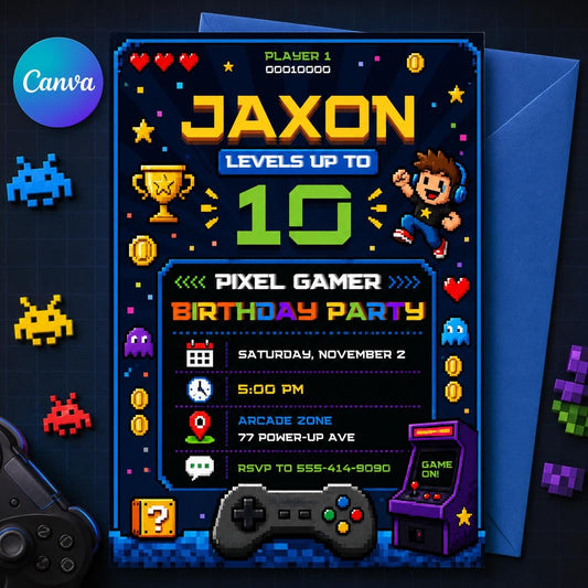 Video Game Party Invitation, Green Gamer Birthday Invitation, Level Up Birthday Invitation, Gamer Boy Template, Canva Template __etsy:8094149271