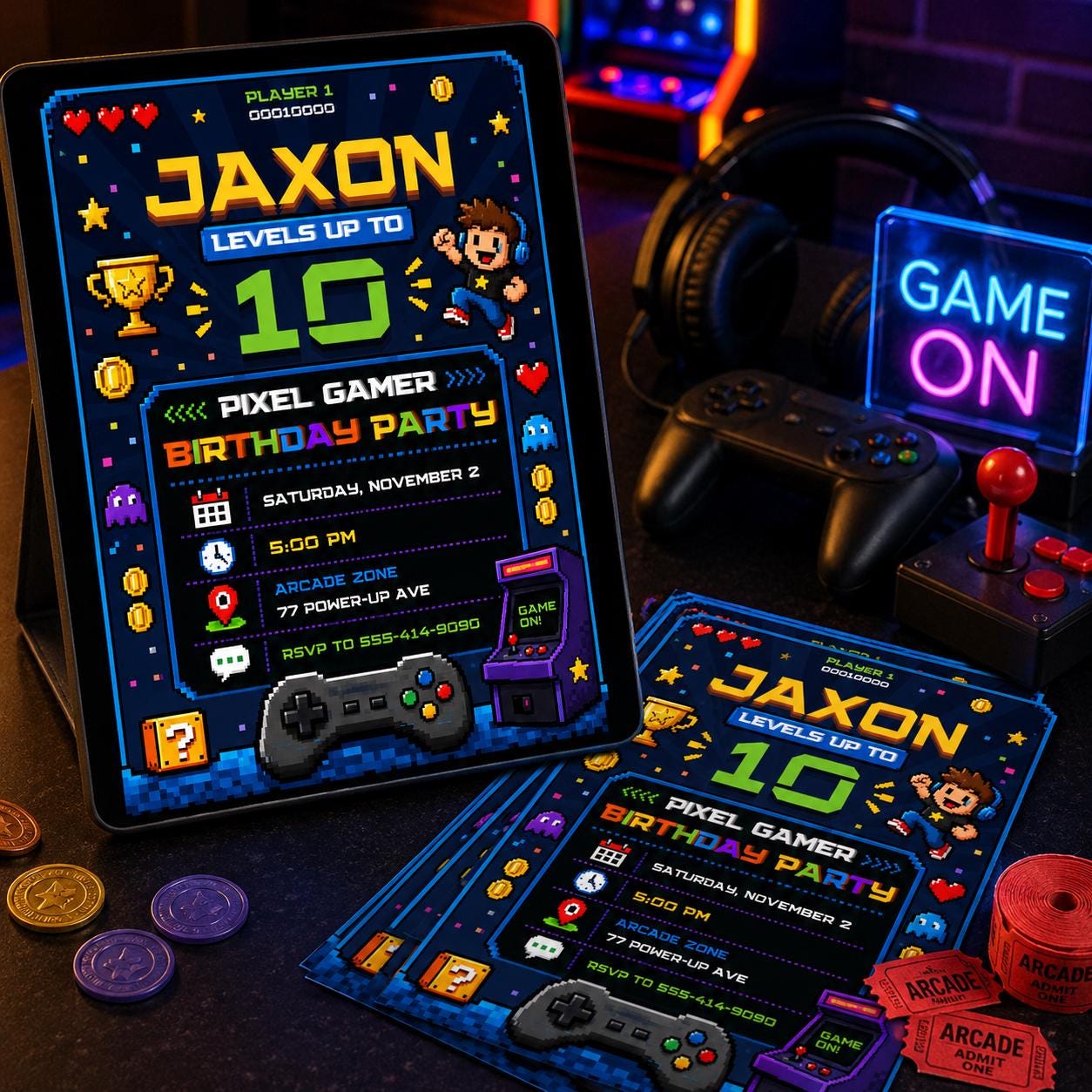 Video Game Party Invitation, Green Gamer Birthday Invitation, Level Up Birthday Invitation, Gamer Boy Template, Canva Template __etsy:8094149305