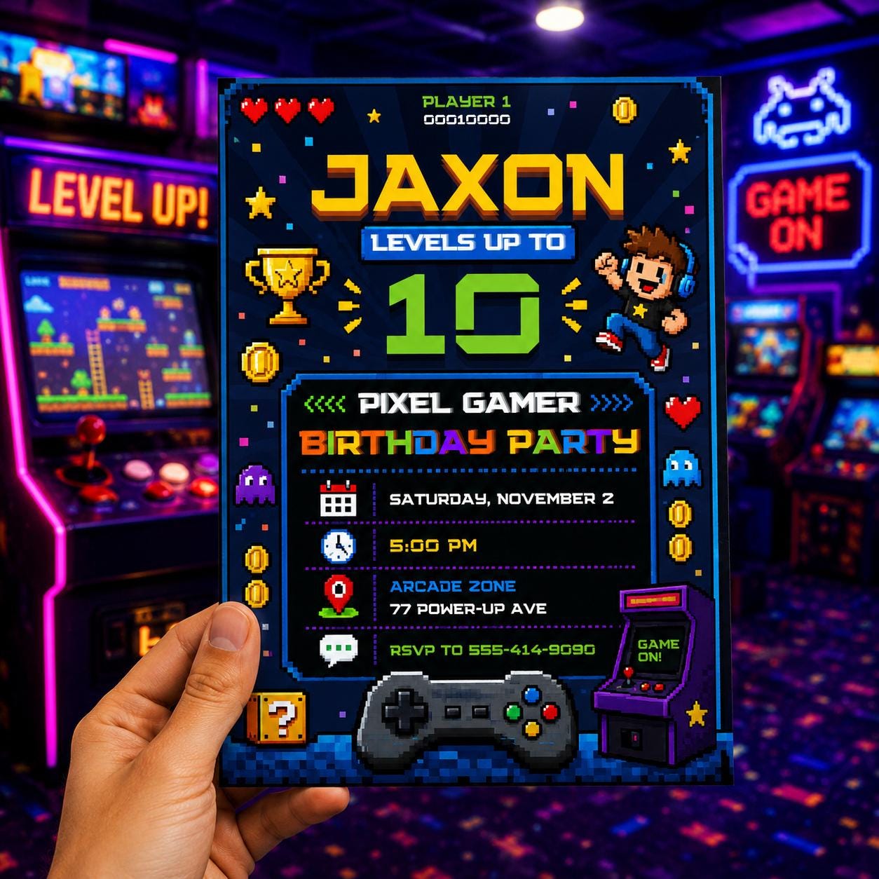 Video Game Party Invitation, Green Gamer Birthday Invitation, Level Up Birthday Invitation, Gamer Boy Template, Canva Template __etsy:8094149307