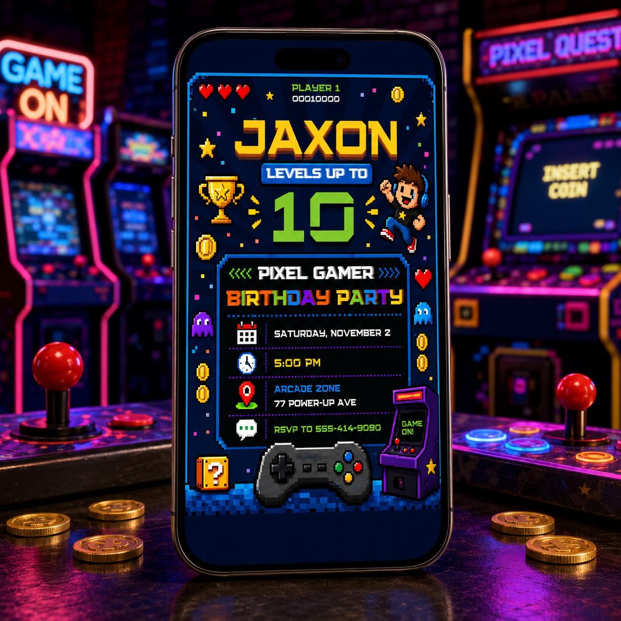 Video Game Party Invitation, Green Gamer Birthday Invitation, Level Up Birthday Invitation, Gamer Boy Template, Canva Template __etsy:8094149299