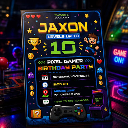 Video Game Party Invitation, Green Gamer Birthday Invitation, Level Up Birthday Invitation, Gamer Boy Template, Canva Template __etsy:8094149309