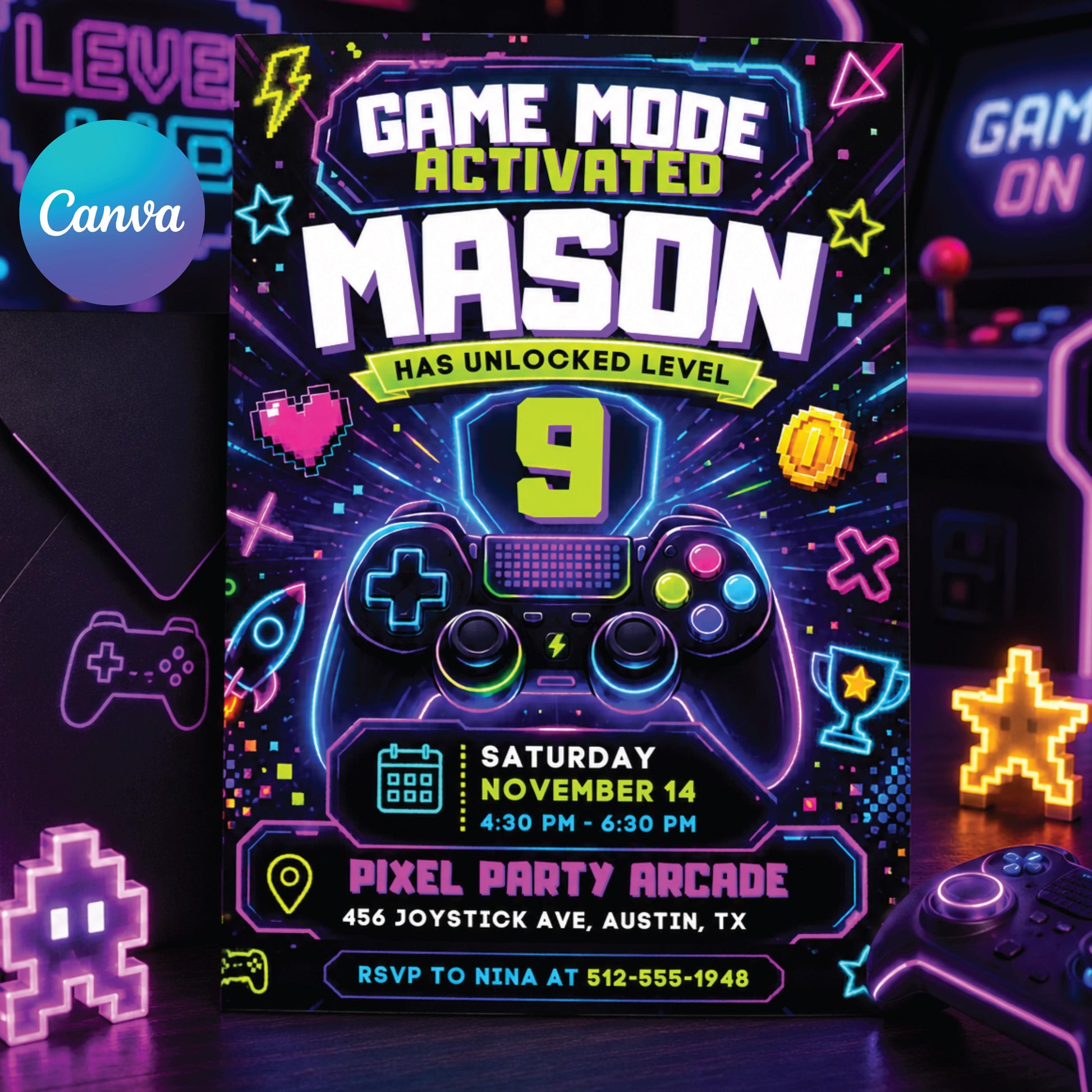 Video Game Party Invitation, Green Gamer Birthday Invitation, Level Up Birthday Invitation, Gamer Boy Template, Editable Canva Template __etsy:8071774201