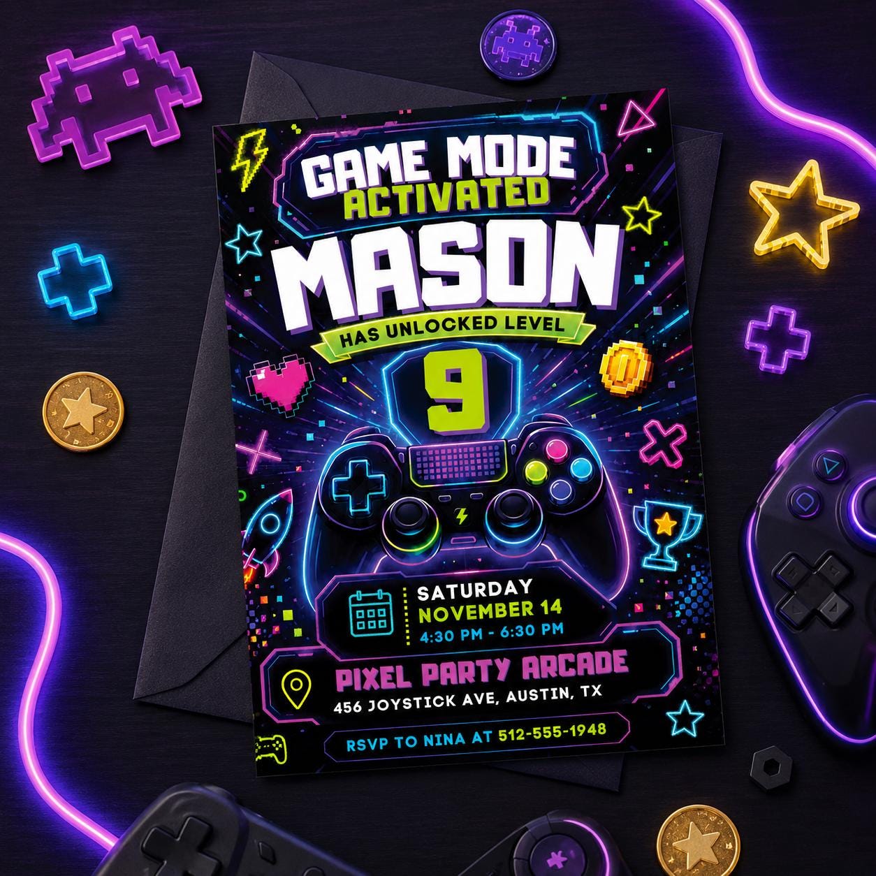 Video Game Party Invitation, Green Gamer Birthday Invitation, Level Up Birthday Invitation, Gamer Boy Template, Editable Canva Template __etsy:8071771469