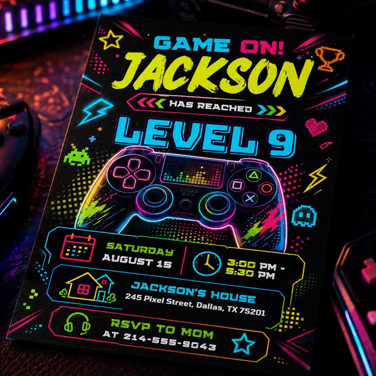 Video Game Party Invitation, Green Gamer Birthday Invitation, Level Up Birthday Invitation, Gamer Boy Template, Editable Canva Template __etsy:8086749759