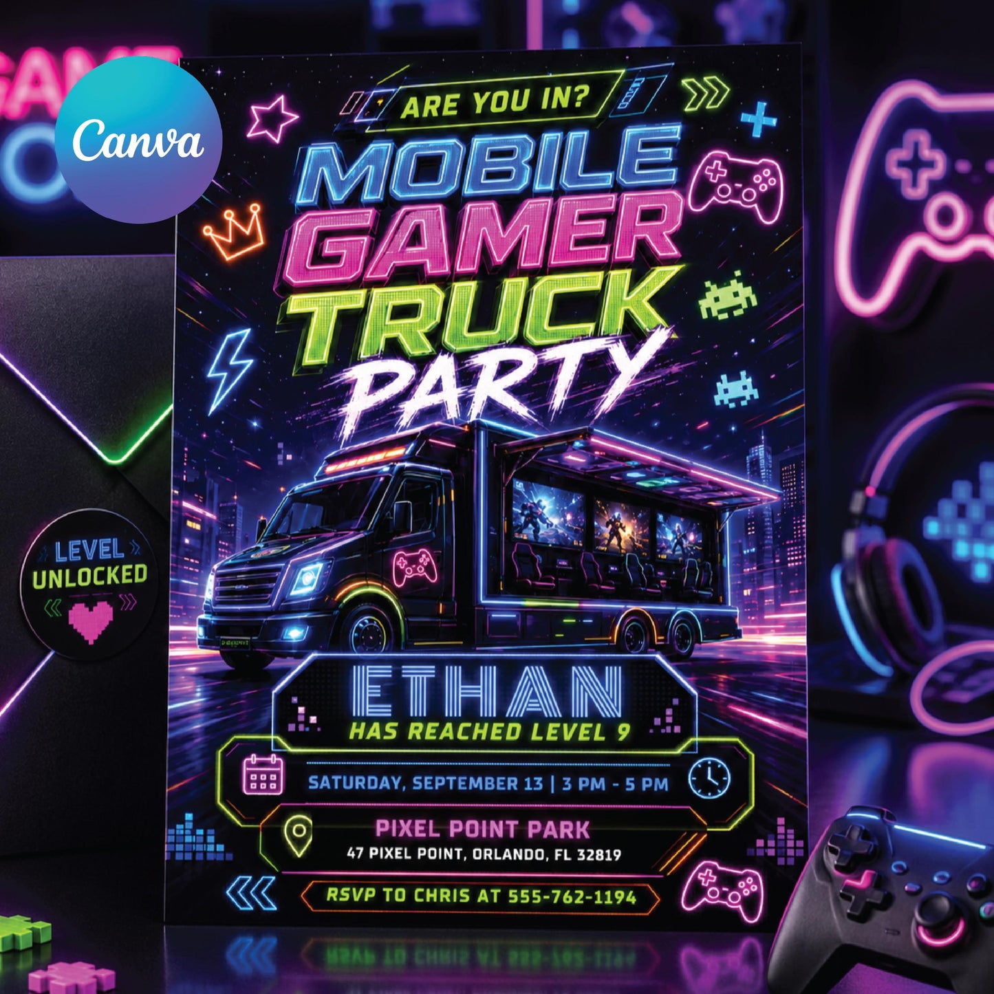 Video Game Truck Birthday Invitation, Neon Gamer Truck Party Invite, Gaming Bus Birthday Invites, Gaming Truck for Boys, Editable Canva __etsy:8010830978