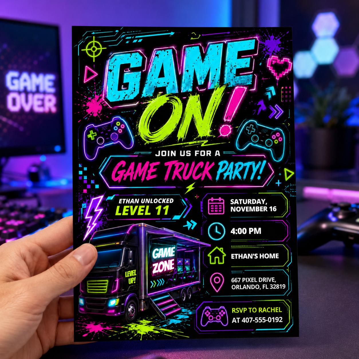 Video Game Truck Birthday Invitation, Neon Gamer Truck Party Invite, Gaming Bus Birthday Invites, Gaming Truck for Boys, Editable Canva __etsy:8058655693