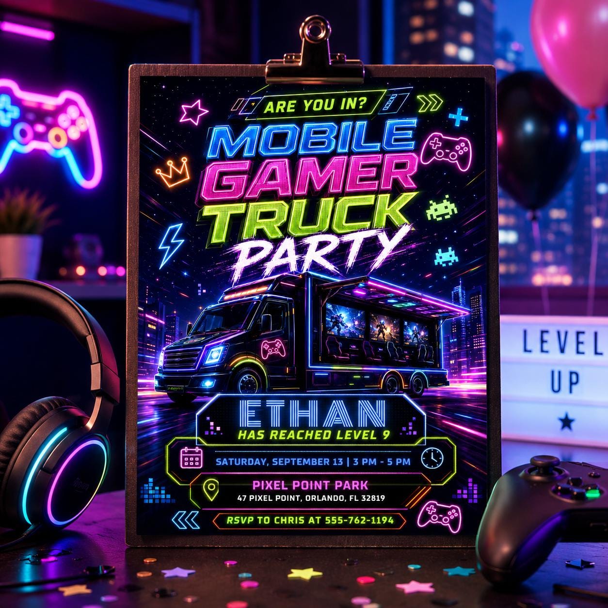 Video Game Truck Birthday Invitation, Neon Gamer Truck Party Invite, Gaming Bus Birthday Invites, Gaming Truck for Boys, Editable Canva __etsy:8058737819
