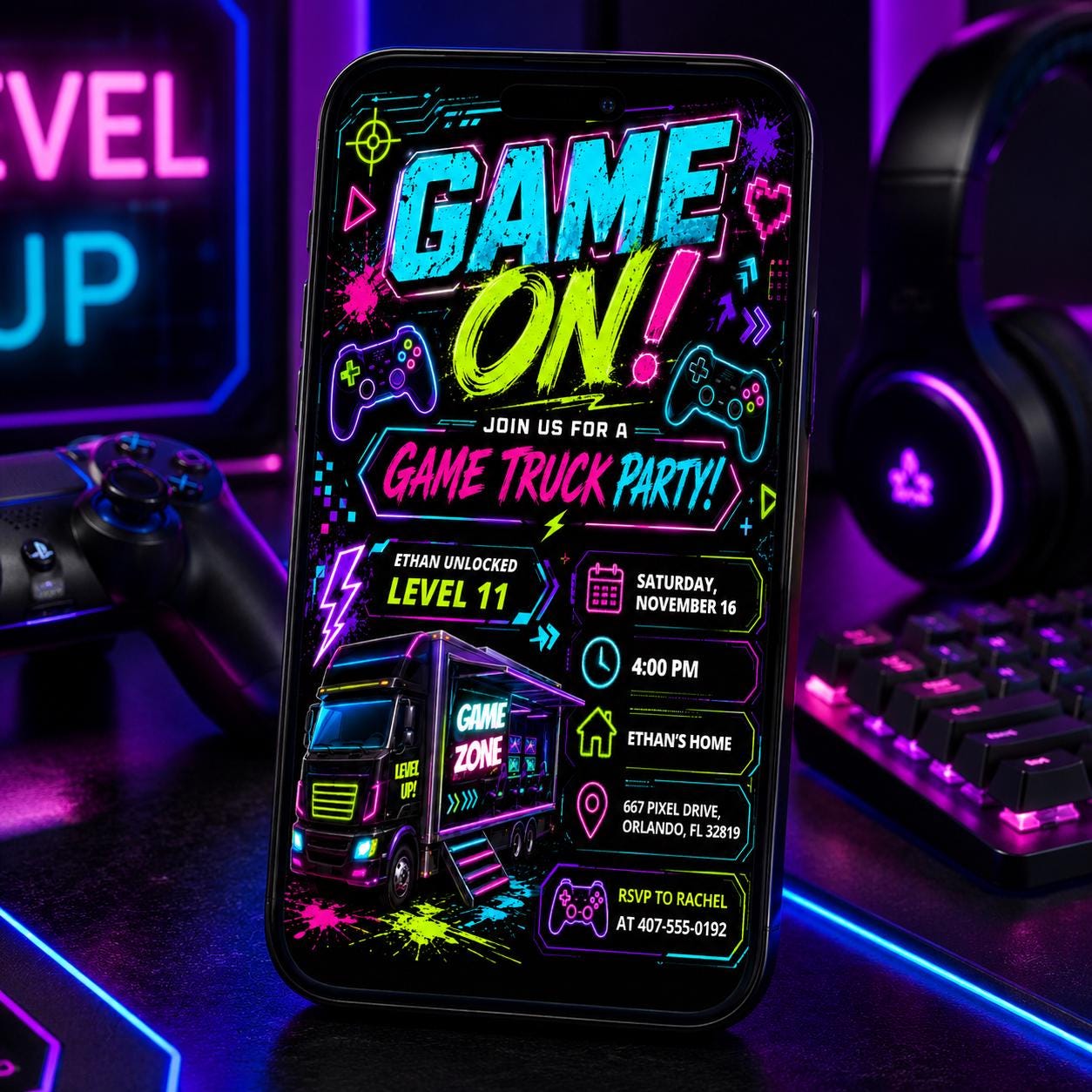 Video Game Truck Birthday Invitation, Neon Gamer Truck Party Invite, Gaming Bus Birthday Invites, Gaming Truck for Boys, Editable Canva __etsy:8010742242