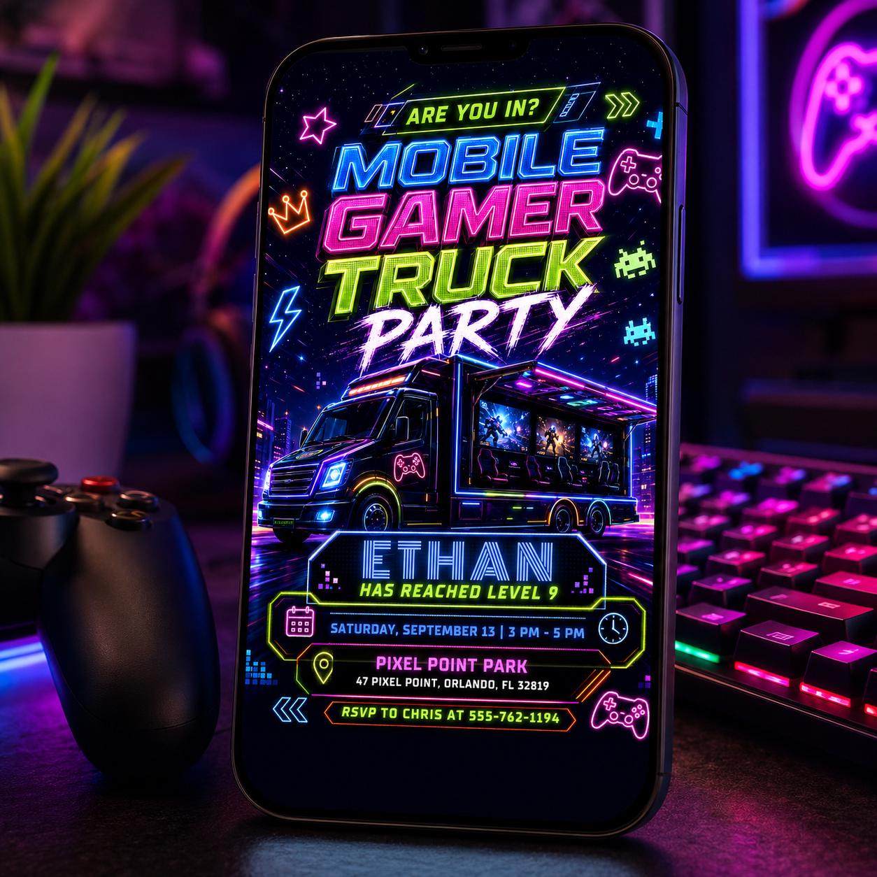 Video Game Truck Birthday Invitation, Neon Gamer Truck Party Invite, Gaming Bus Birthday Invites, Gaming Truck for Boys, Editable Canva __etsy:8058737817