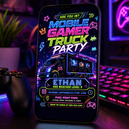 Video Game Truck Birthday Invitation, Neon Gamer Truck Party Invite, Gaming Bus Birthday Invites, Gaming Truck for Boys, Editable Canva __etsy:8058737817