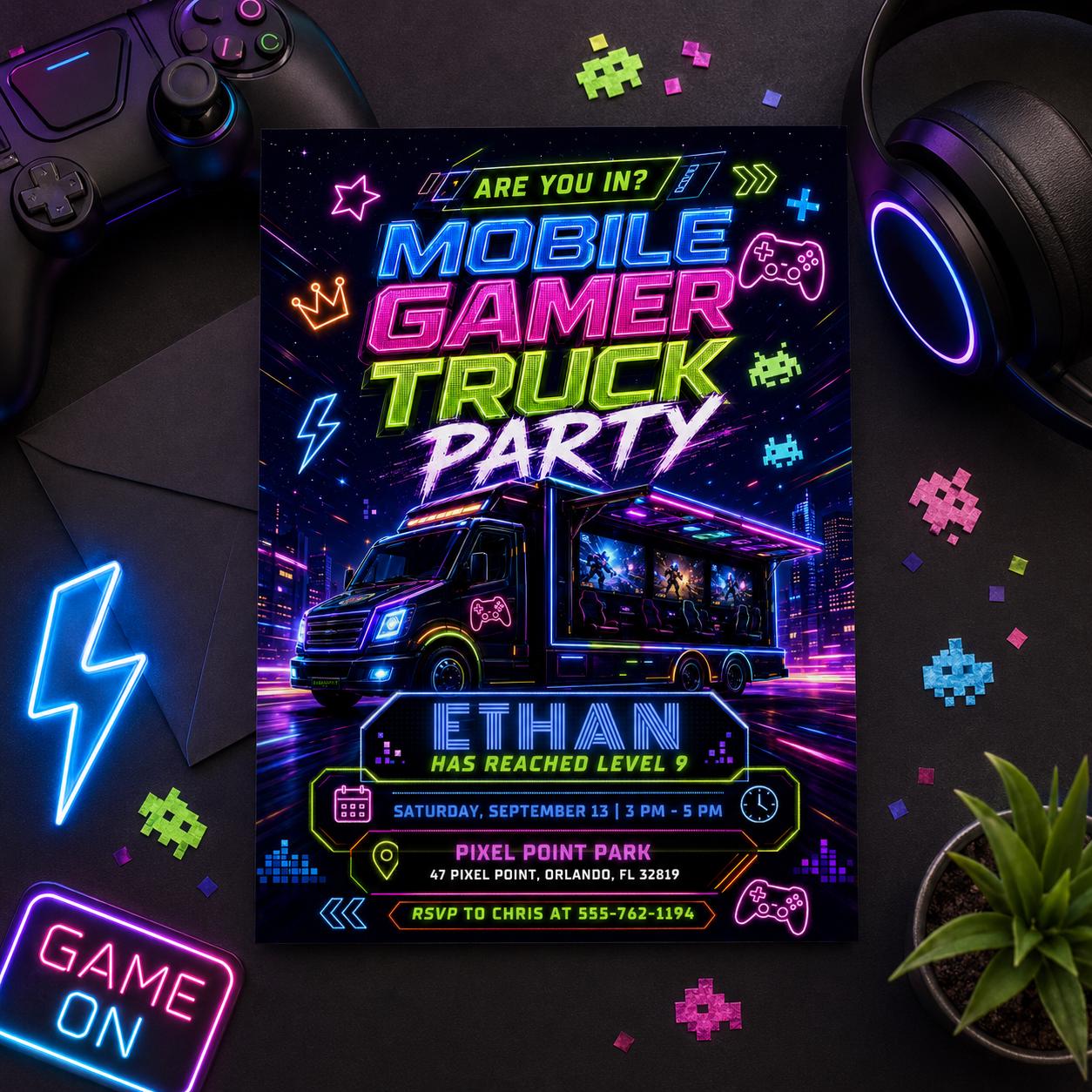 Video Game Truck Birthday Invitation, Neon Gamer Truck Party Invite, Gaming Bus Birthday Invites, Gaming Truck for Boys, Editable Canva __etsy:8010824596