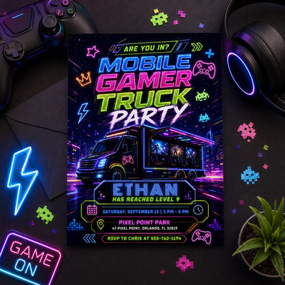 Video Game Truck Birthday Invitation, Neon Gamer Truck Party Invite, Gaming Bus Birthday Invites, Gaming Truck for Boys, Editable Canva __etsy:8010824596