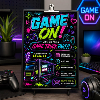 Video Game Truck Birthday Invitation, Neon Gamer Truck Party Invite, Gaming Bus Birthday Invites, Gaming Truck for Boys, Editable Canva __etsy:8010742272