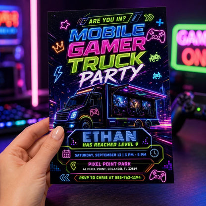 Video Game Truck Birthday Invitation, Neon Gamer Truck Party Invite, Gaming Bus Birthday Invites, Gaming Truck for Boys, Editable Canva __etsy:8058737823