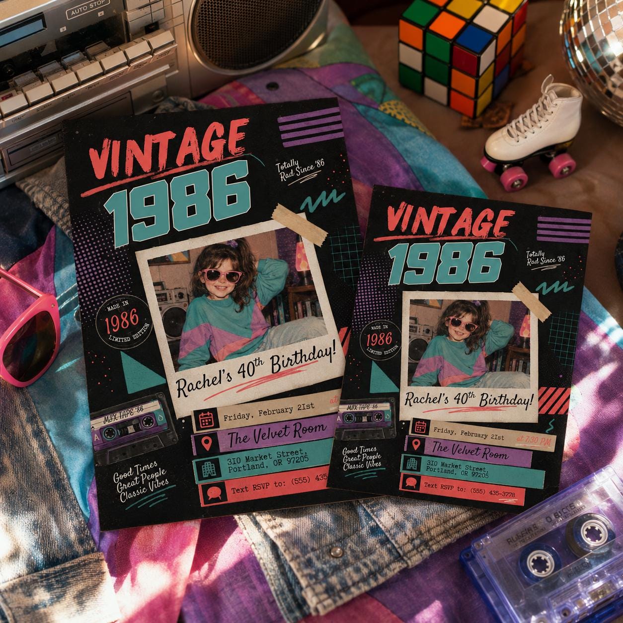 Vintage 1986 Birthday Invitation, Retro Polaroid Style 40th Birthday, Any Age, Editable Photo Milestone Invite 1986 Birthday Party Template __etsy:8103688175
