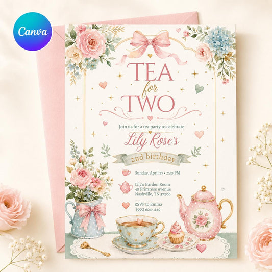 Vintage Tea for Two Birthday Invitation, Vintage Floral, Tea Party 2nd Birthday Invite, Vintage Floral Tea Party Canva Template Printable __etsy:8097667213
