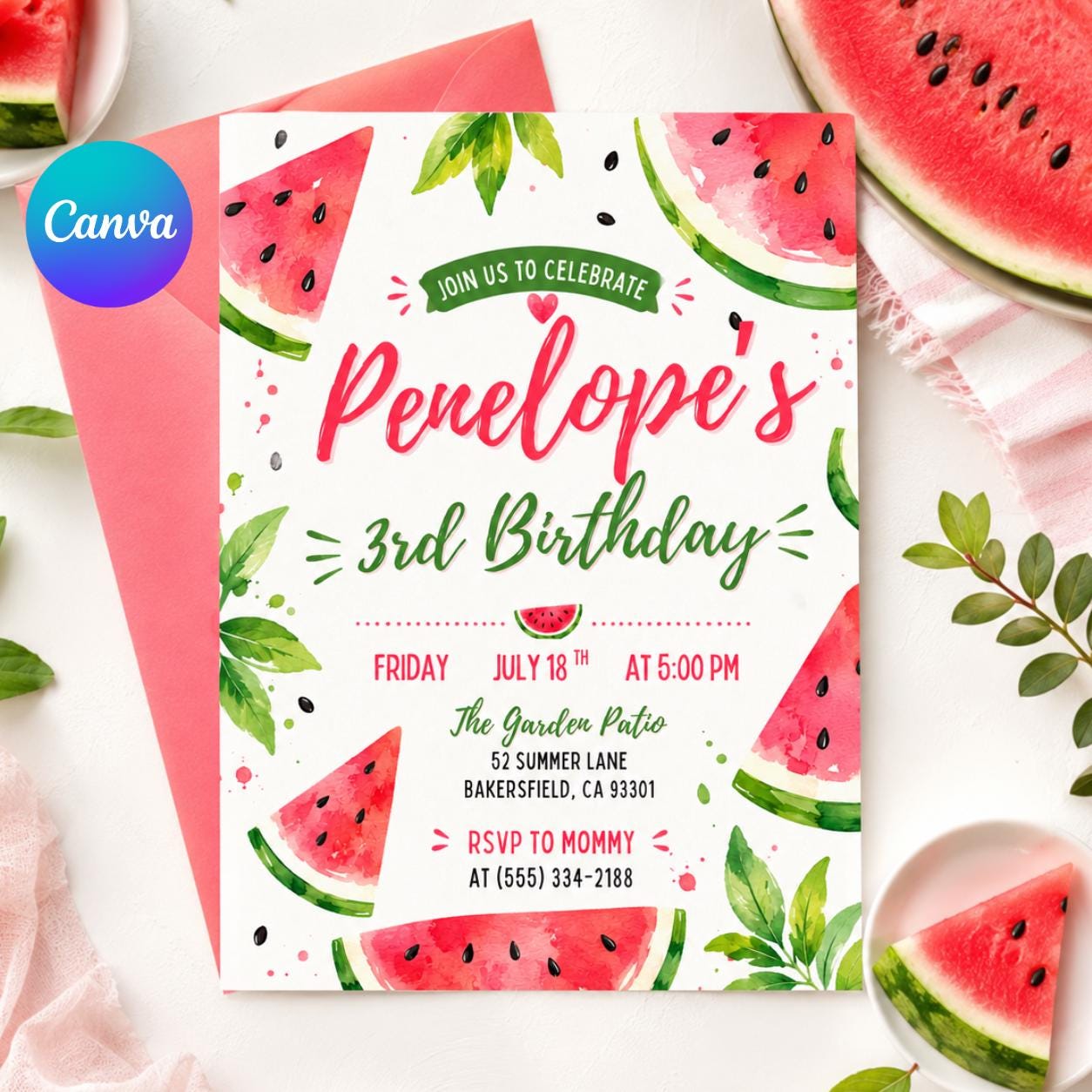 Watermelon 3rd Birthday Invitation, Watermelon birthday invitation, sweet to be three melon pink third 3rd b-day girl summer party invite __etsy:8076850309