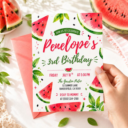 Watermelon 3rd Birthday Invitation, Watermelon birthday invitation, sweet to be three melon pink third 3rd b-day girl summer party invite __etsy:8028934612