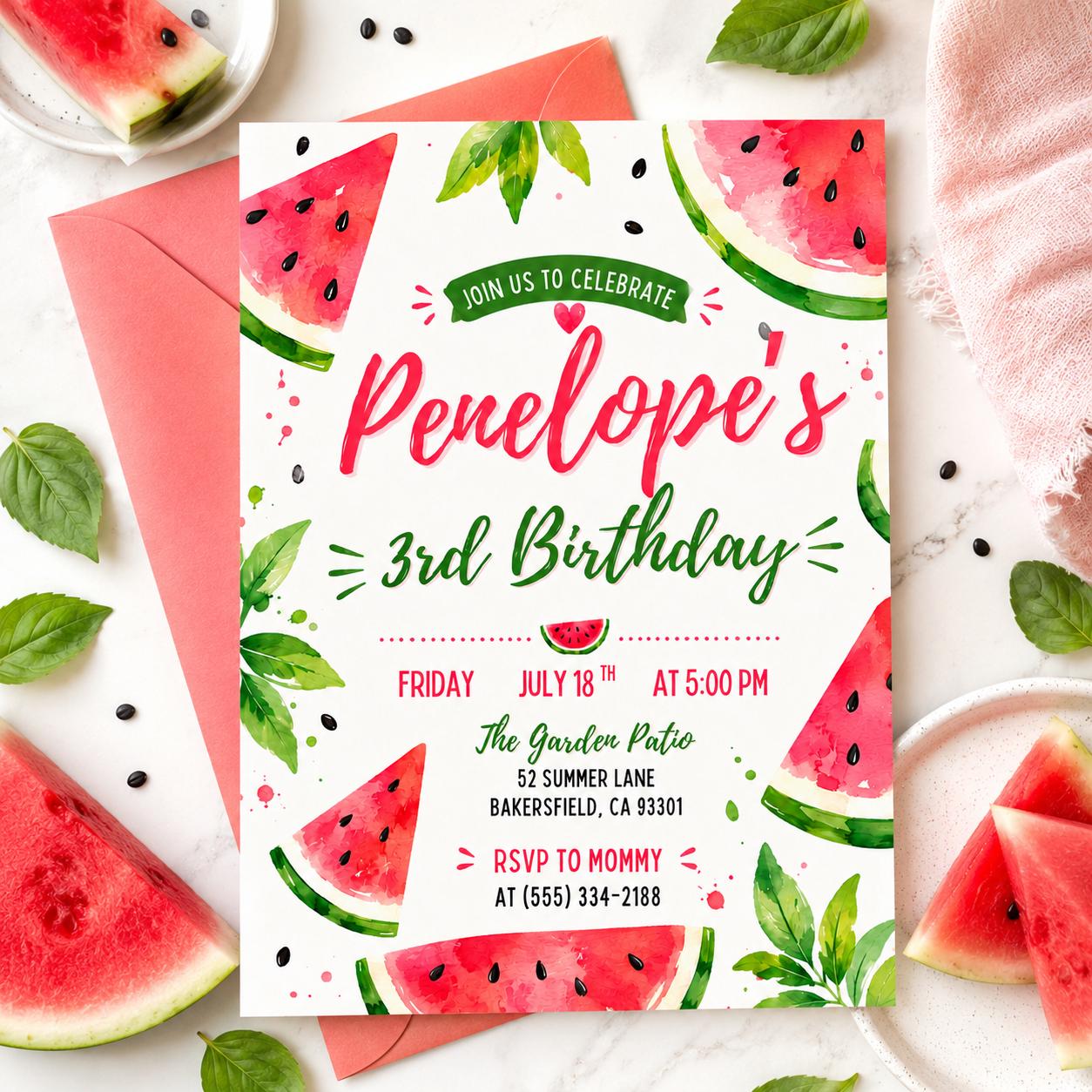 Watermelon 3rd Birthday Invitation, Watermelon birthday invitation, sweet to be three melon pink third 3rd b-day girl summer party invite __etsy:8028934626