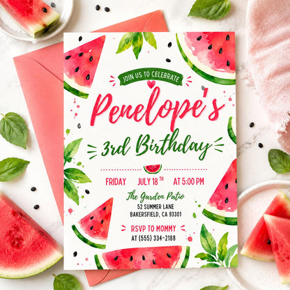 Watermelon 3rd Birthday Invitation, Watermelon birthday invitation, sweet to be three melon pink third 3rd b-day girl summer party invite __etsy:8028934626