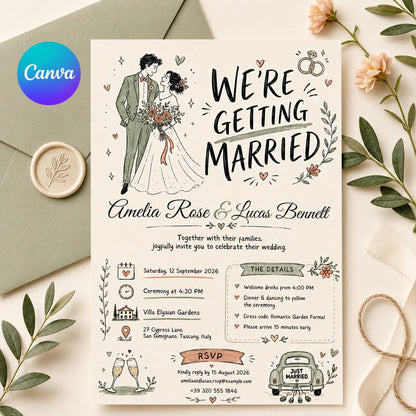 We're Getting Married , Wedding Invitation Template, Editable Canva Design for Any Event, Save the Date Invitation, Canva Template __etsy:8050447351