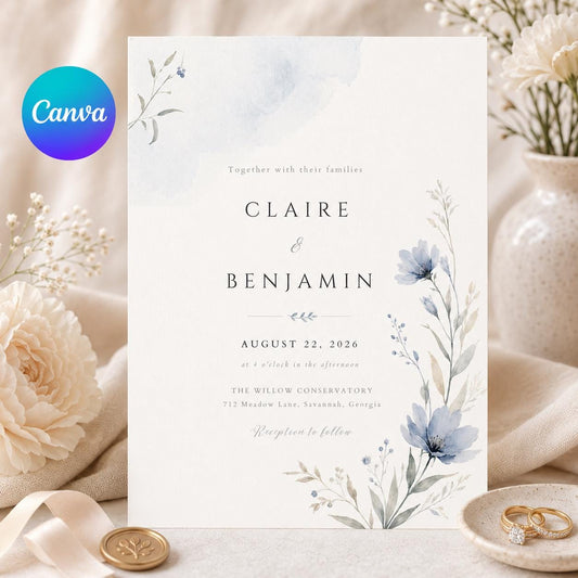 Wedding Invitation, Editable Minimalist Blue Floral Wedding Invite, Elegant Modern Wedding Template, Printable Digital Download Card __etsy:8177879419