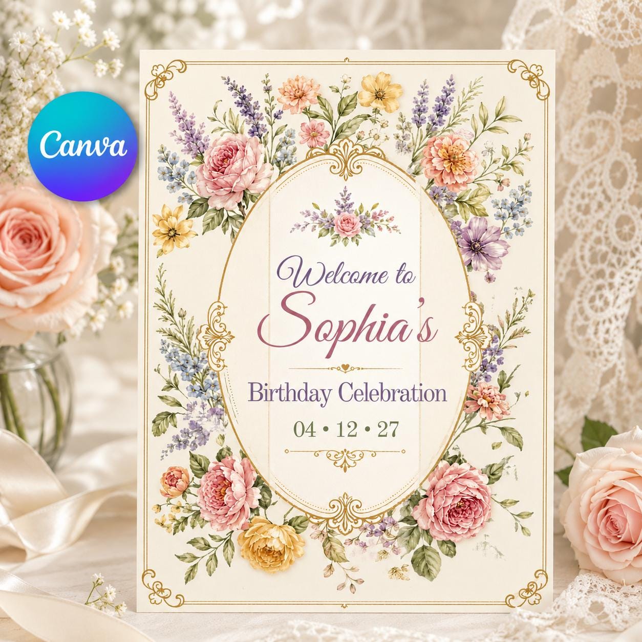 Welcome To Birthday Celebration Invitation, Editable Vintage Floral Party Invite, Elegant Garden Birthday Template, Printable Download __etsy:8177599709