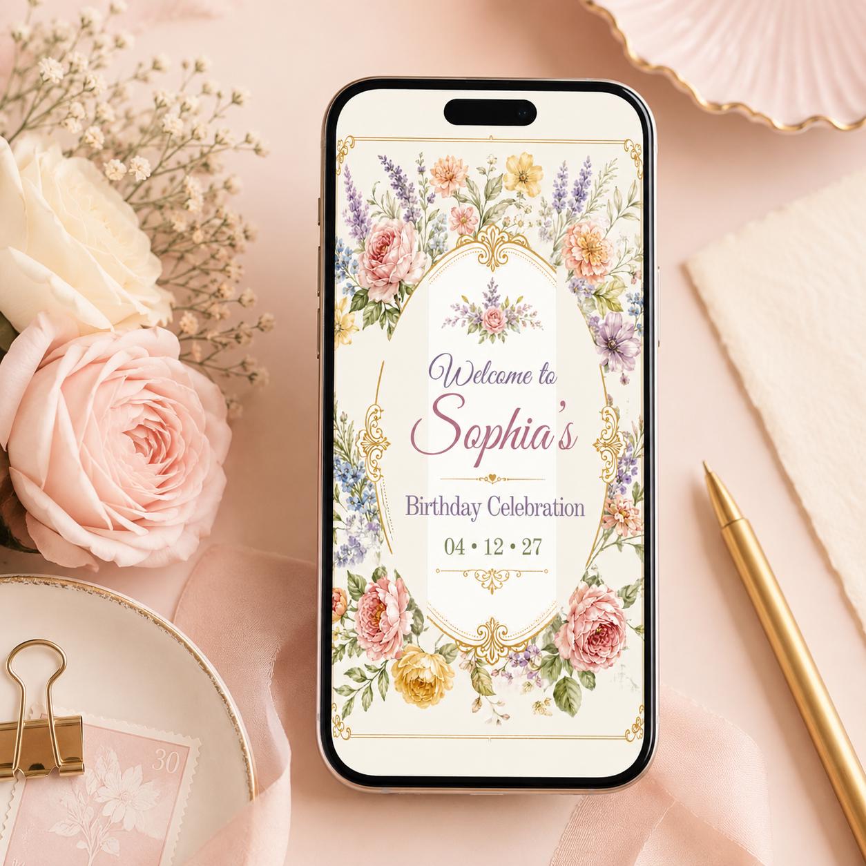 Welcome To Birthday Celebration Invitation, Editable Vintage Floral Party Invite, Elegant Garden Birthday Template, Printable Download __etsy:8129702708