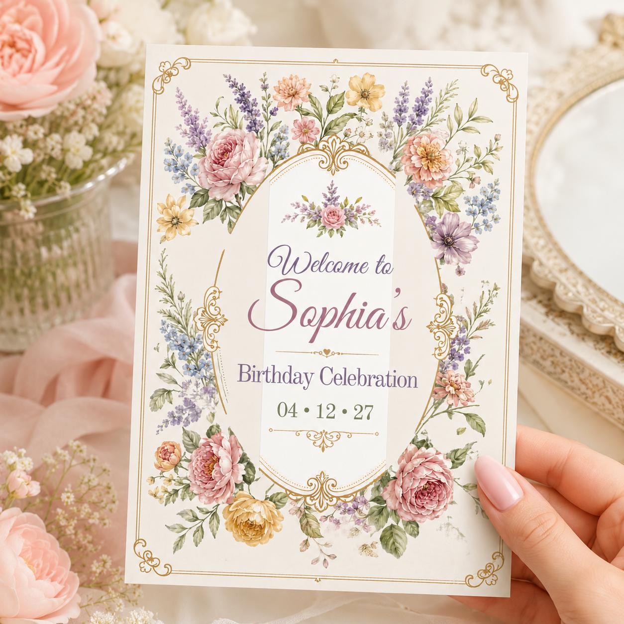 Welcome To Birthday Celebration Invitation, Editable Vintage Floral Party Invite, Elegant Garden Birthday Template, Printable Download __etsy:8177599745