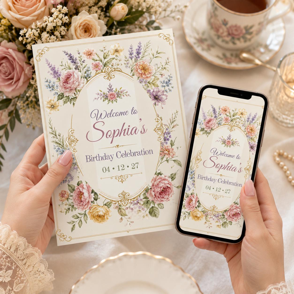 Welcome To Birthday Celebration Invitation, Editable Vintage Floral Party Invite, Elegant Garden Birthday Template, Printable Download __etsy:8177599747