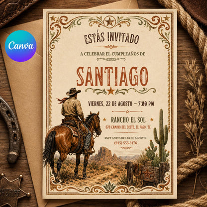 Western Rodeo Birthday Invitation: printable Cowboy Birthday invitation, Rodeo Invitation , Wild West Bday Invite, Editable Canva Template __etsy:8033286140
