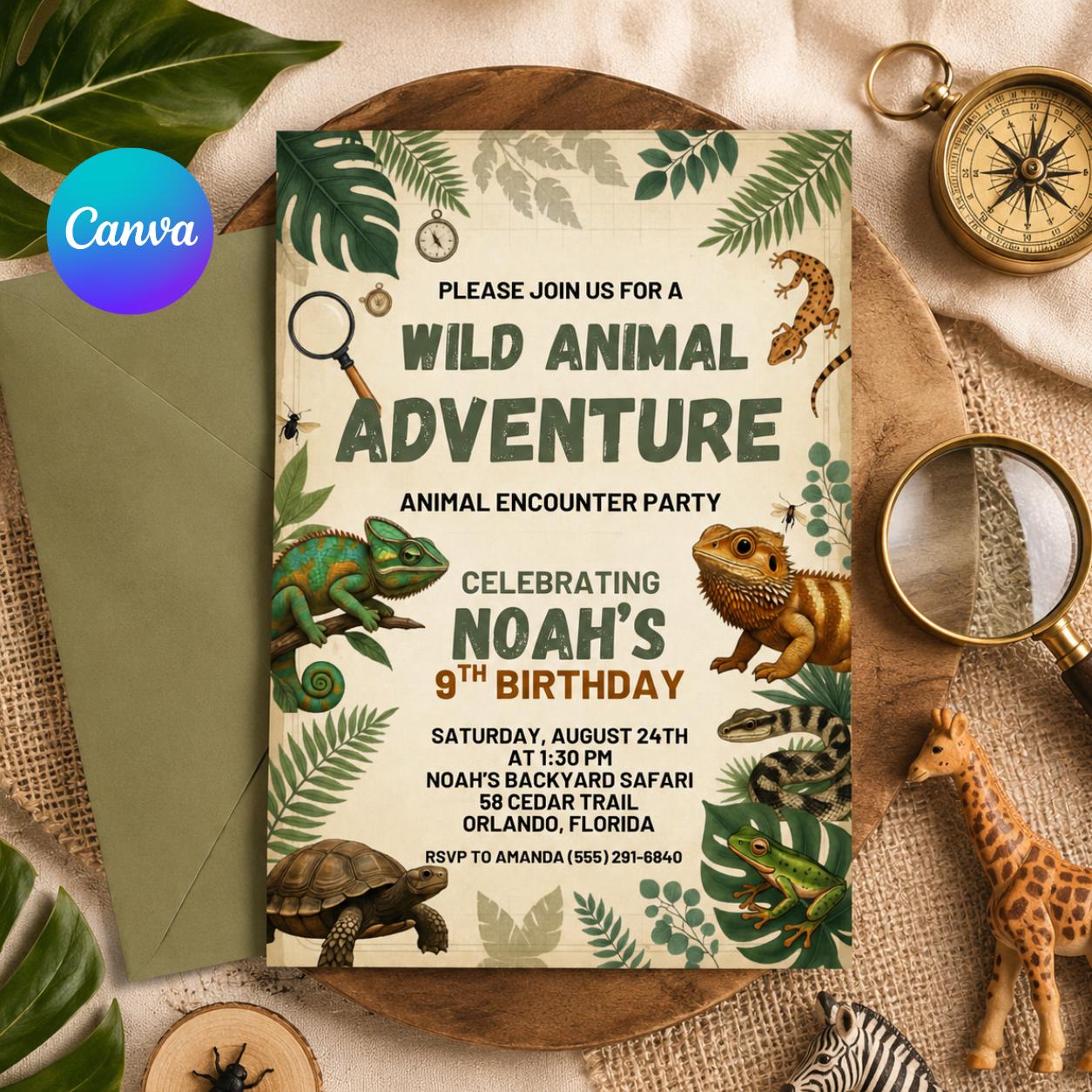 Wild Animal Adventure Birthday Invitation, Jungle Safari Invite, Reptile Animal Encounter Party, Editable Canva Template __etsy:8000889136