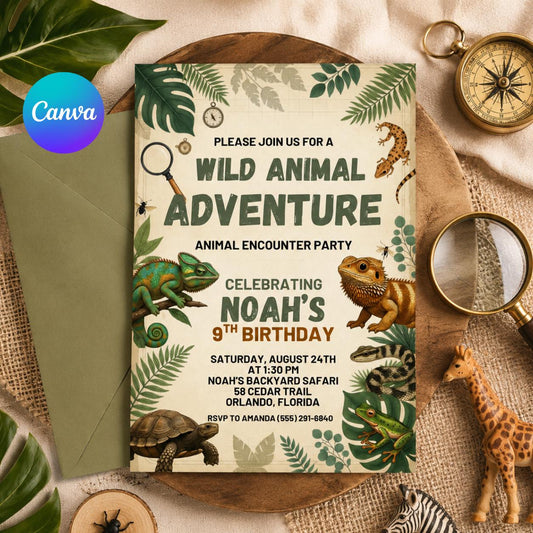 Wild Animal Adventure Birthday Invitation, Jungle Safari Invite, Reptile Animal Encounter Party, Editable Canva Template __etsy:8000889136