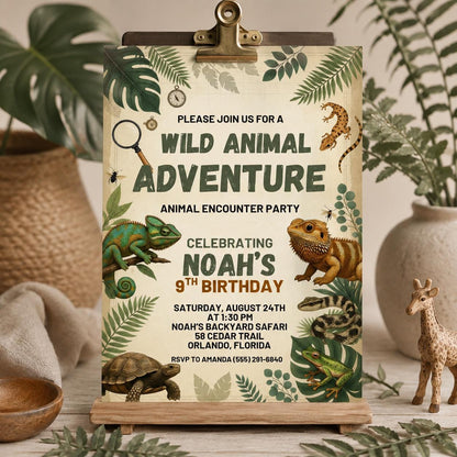 Wild Animal Adventure Birthday Invitation, Jungle Safari Invite, Reptile Animal Encounter Party, Editable Canva Template __etsy:7998308226