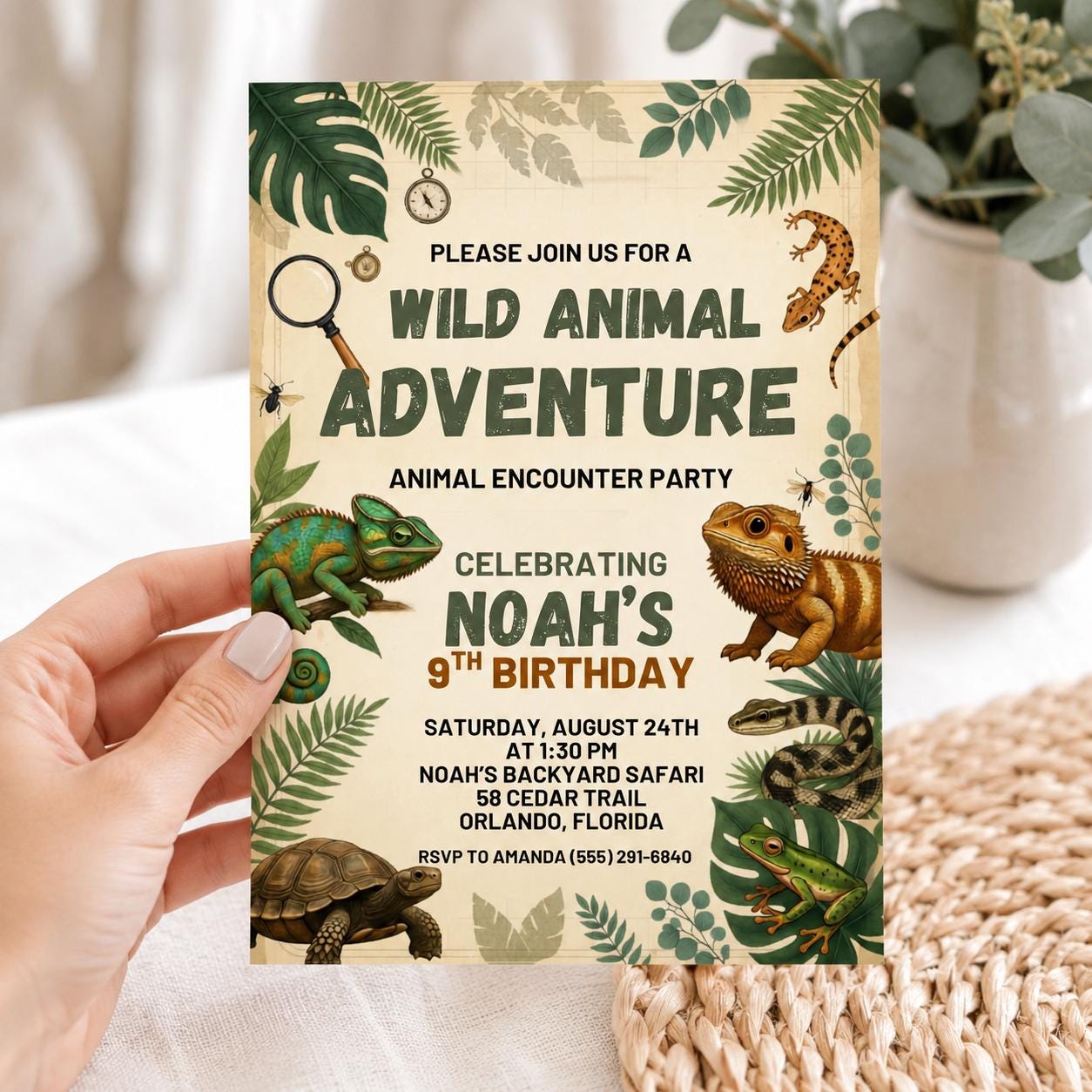 Wild Animal Adventure Birthday Invitation, Jungle Safari Invite, Reptile Animal Encounter Party, Editable Canva Template __etsy:8046243351