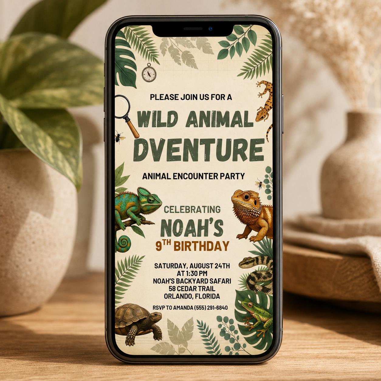 Wild Animal Adventure Birthday Invitation, Jungle Safari Invite, Reptile Animal Encounter Party, Editable Canva Template __etsy:8046243315