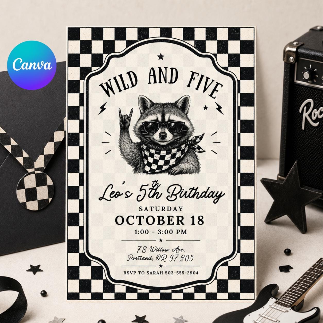Wild and Five Raccoon invite, Wild and Five Wildflower Birthday Invitation Template, Editable  Our Little Wild Flower is 5 Girl Fifth Canva __etsy:8029201178