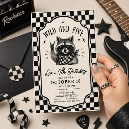 Wild and Five Raccoon invite, Wild and Five Wildflower Birthday Invitation Template, Editable  Our Little Wild Flower is 5 Girl Fifth Canva __etsy:8077105439