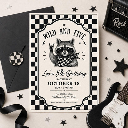 Wild and Five Raccoon invite, Wild and Five Wildflower Birthday Invitation Template, Editable  Our Little Wild Flower is 5 Girl Fifth Canva __etsy:8077105463