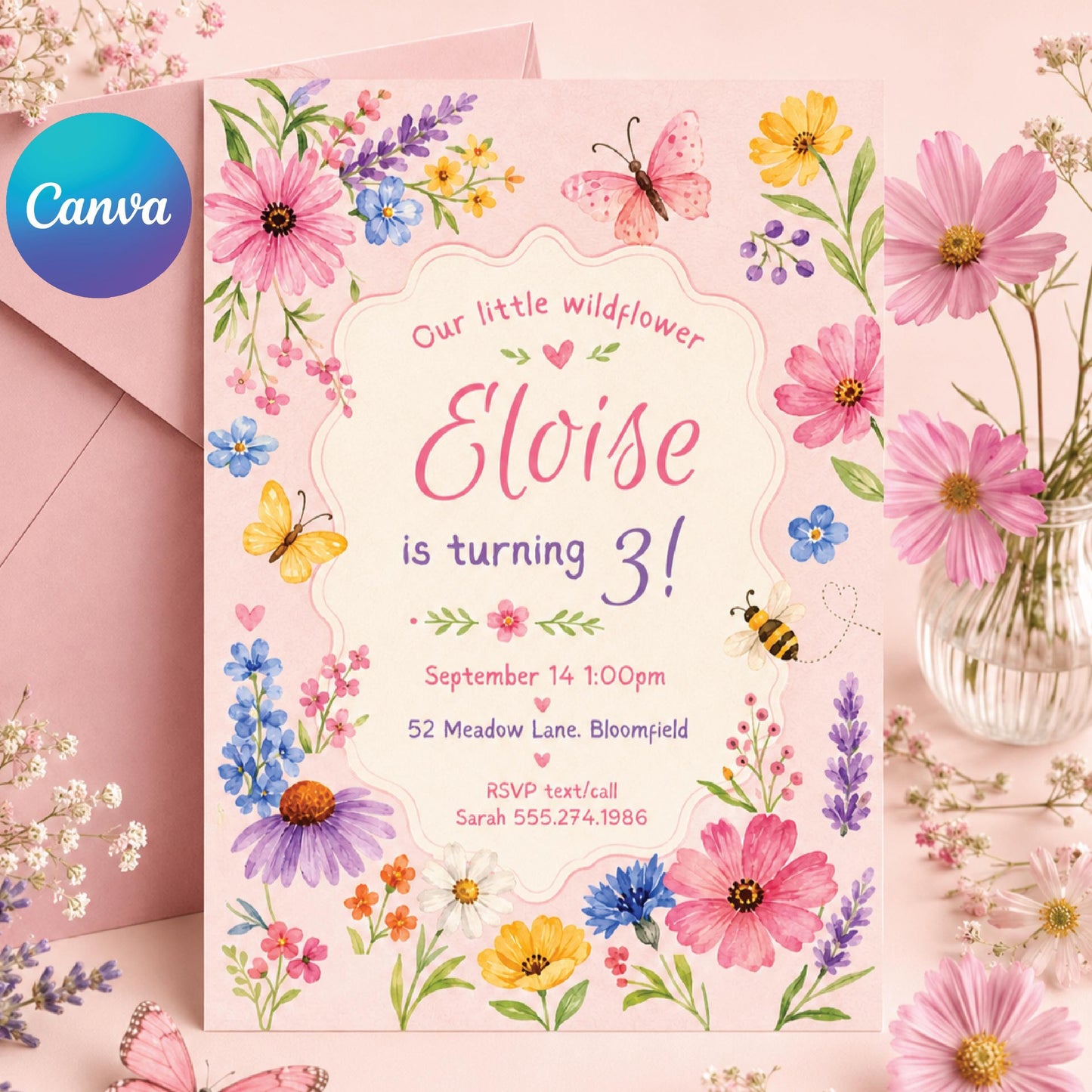 Wildflower Birthday Invitation, Girl 3rd Birthday Party Invite, Garden Party Invite, Editable Wild Flower, Pink Pastel Floral, Canva __etsy:8070469367